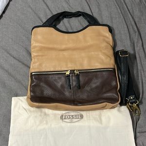 Fossil leather fold over crossbody in brown, tan & black